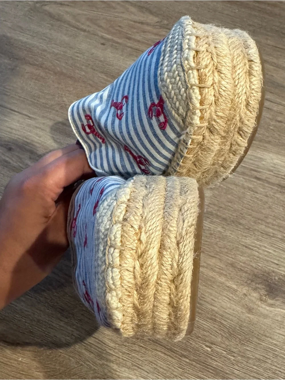 Talbots Blue and White Striped Slip-On Espadrilles with Embroidered Lobsters
